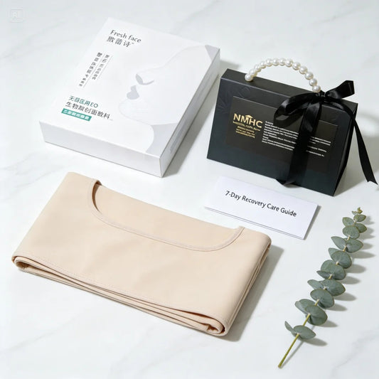 NMHC Post-Treatment Recovery System kit: facial lifting garment, Fresh face aseptic biofilm masks, NMHC gift box and 7-Day Recovery Care Guide
